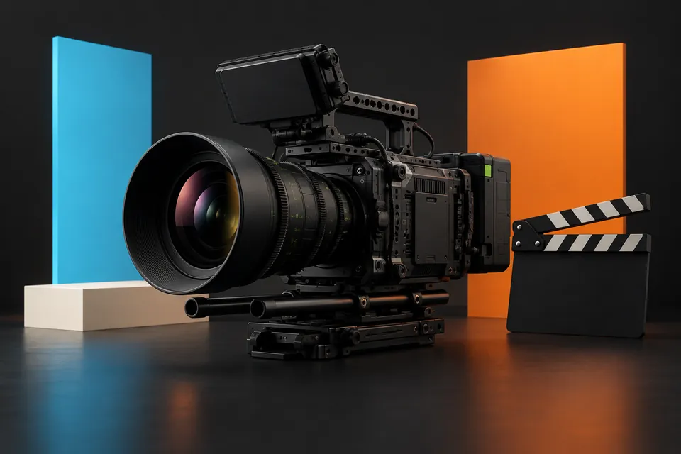 Cinema camera and film slate with Digitalise blue and orange studio accents