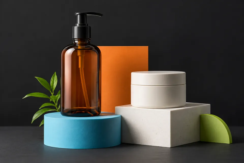 Illustrative studio product composition with an amber bottle and cosmetic jar on Digitalise-coloured plinths