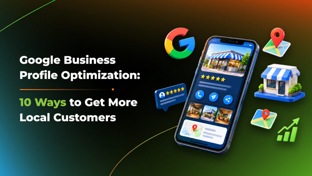 Google Business Profile optimization guide with a smartphone listing, ratings, photos and map pins