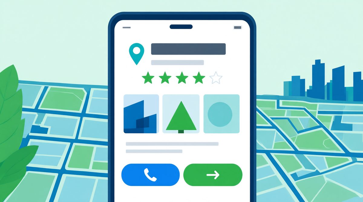 Smartphone showing a Google Business Profile listing with rating, photos, call and directions buttons