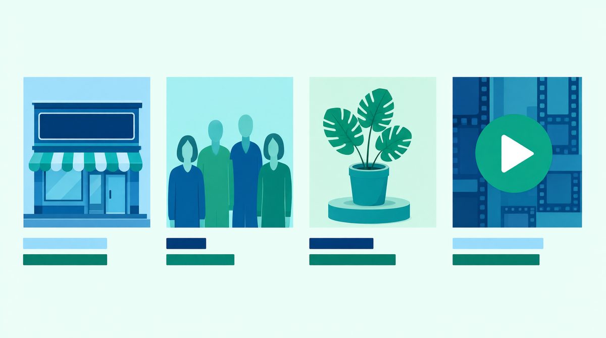 Storefront, team, product and video thumbnails for a Google Business Profile photo gallery