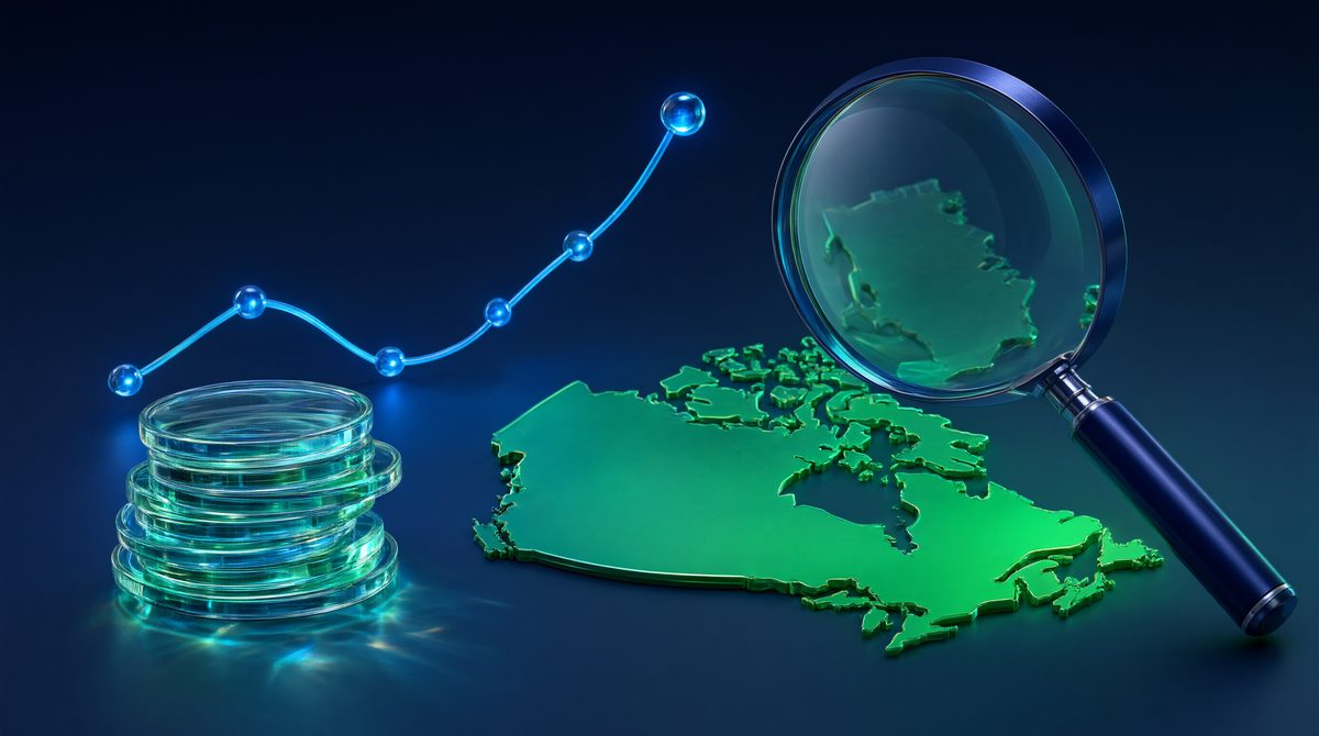 Stack of glass coins beside a rising chart and a Canadian map under a magnifying glass