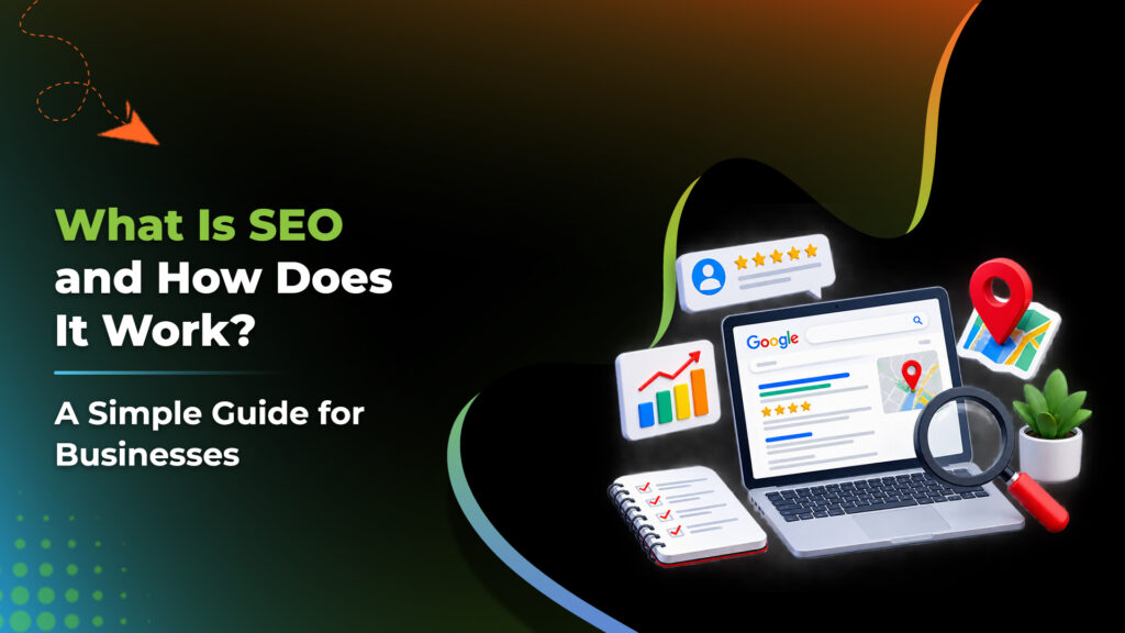 SEO guide illustrated by search results, a magnifying glass, map pin and growth chart