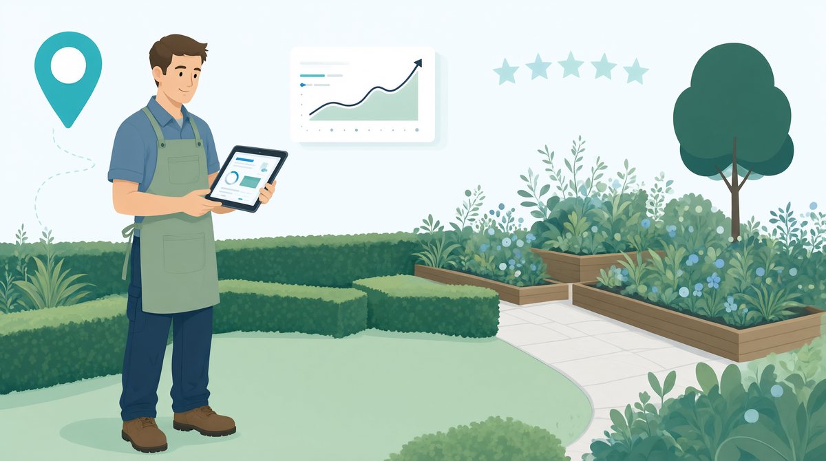 Landscaper with a tablet beside a garden, with a map pin and rising chart